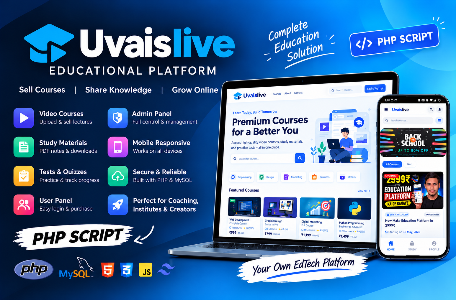 UvaisLive – Educational Platform PHP Script | Online Courses, Tests & Study Materials