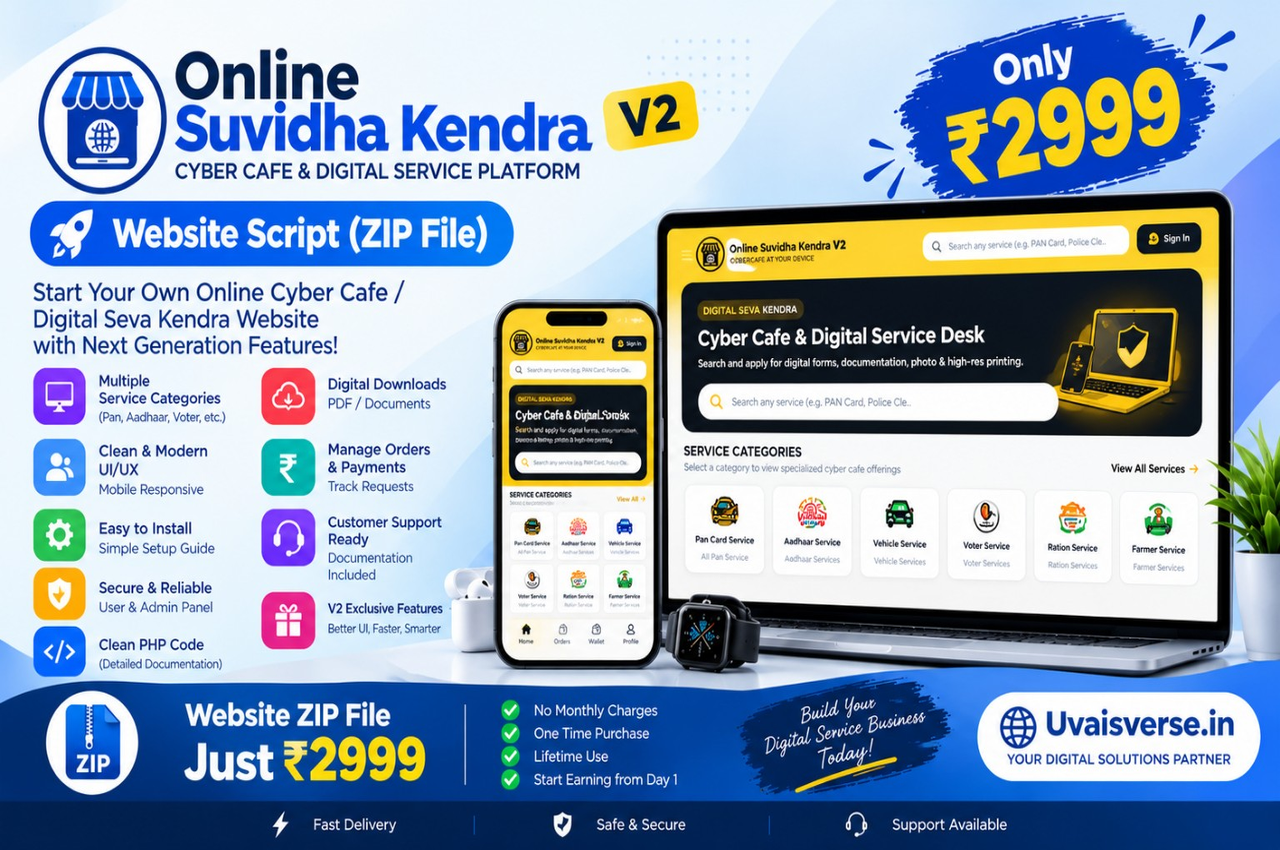 Online Suvidha Kendra V2 – Premium Cyber Cafe & Digital Service PHP Website Script | Uvaisverse